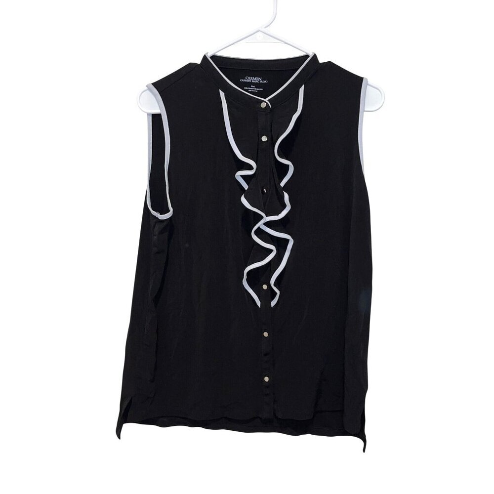 Carmen Marc Valvo Black Sleeveless Ruffle Front Blouse With White Trim Size L